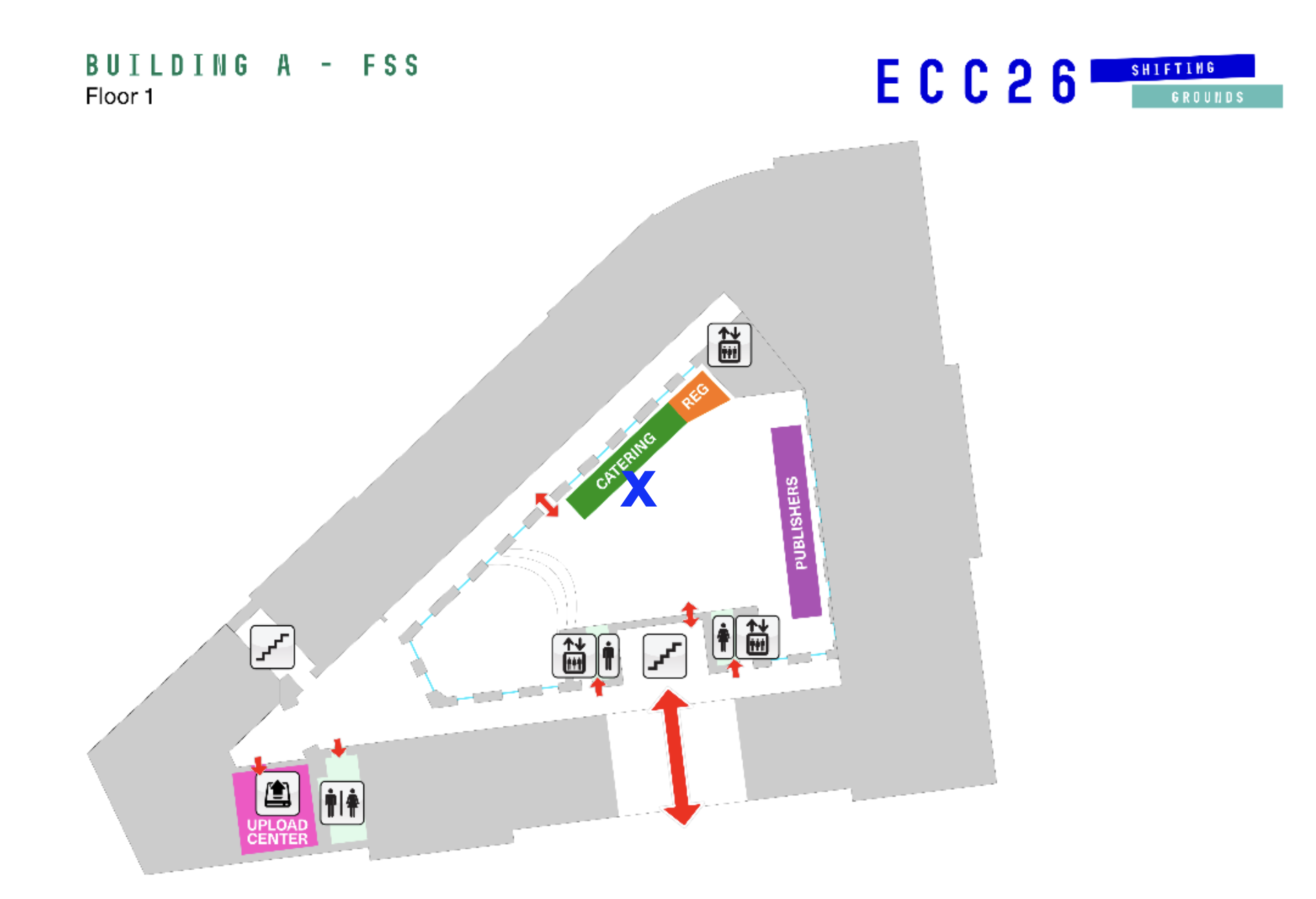 Lageplan ECC26 Building A Floor 1 – Treffpunkt beim Catering (blaues X)