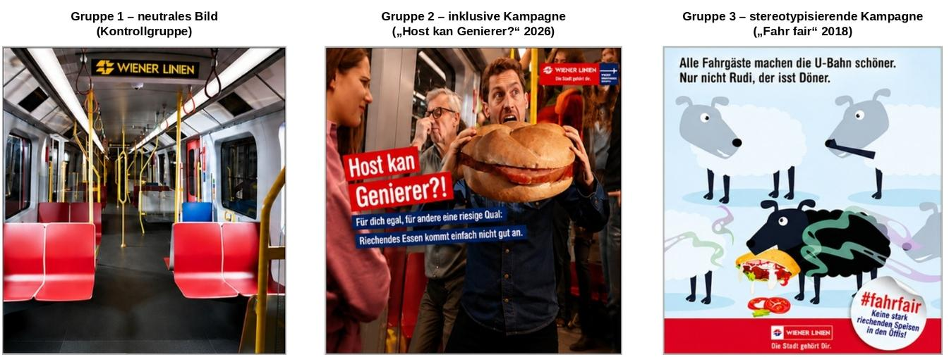 Die drei Stimulusbilder des Online-Experiments: neutrales Bild (Kontrollgruppe), inklusive Kampagne 'Host kan Genierer?' (2026), stereotypisierende Kampagne 'Fahr fair' (2018)